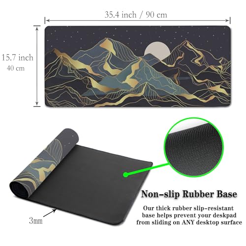 Extra Large Mouse Pad Golden Desktop Pad Keyboard Mouse Pads Desktop Mats Big Gaming Mousepad Waterproof Non-Slip Rubber Base 35.4 X 15.7 for Game Office, Sunset Mountains Art - color: Golden Mountain