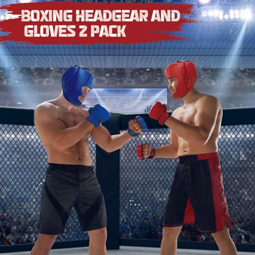 Boxing Gloves and Headgear Set for Adults 2 Pair Gloves and 2 Head Guards - color: BlueRed