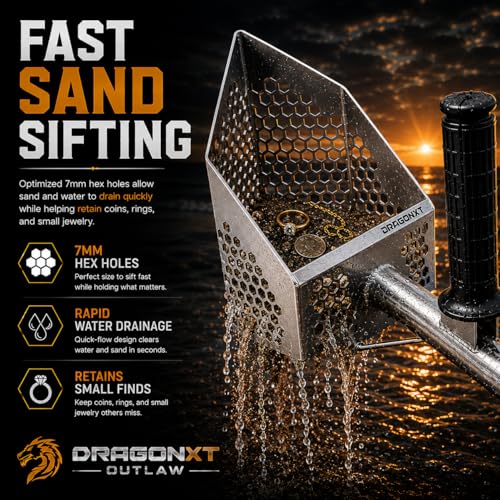Outlaw Premium Stainless Steel Beach Sand Scoop Sifter with Front Handle and Long Handle Mount