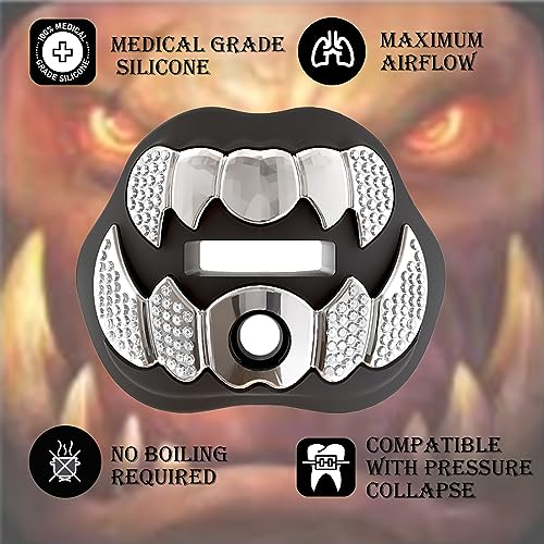 LeCool Football Mouth Guard with Connected Strap- 3D Beast Chrome Adult and Youth Mouth Guard-Mouth Piece for Sports for Maximum Air Flow and Teeth Protection - color: Black-silver
