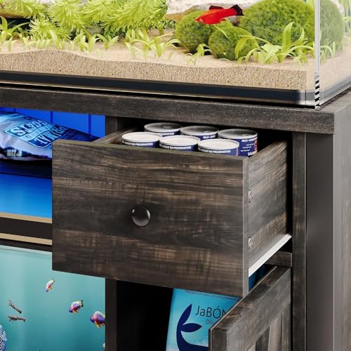 55-75 Gallon Fish Tank Stand with Power Outlet & LED Lights, Heavy Duty Aquarium Stand with Storage Drawers & Barn Doors, Reptile Tank Cabinet for Turtle, Reptile Terrarium, Dark Oak