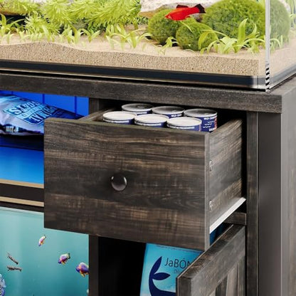 55-75 Gallon Fish Tank Stand with Power Outlet & LED Lights, Heavy Duty Aquarium Stand with Storage Drawers & Barn Doors, Reptile Tank Cabinet for Turtle, Reptile Terrarium, Dark Oak
