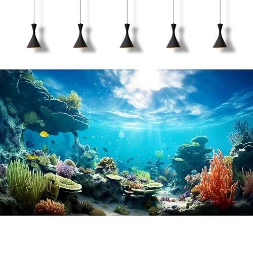 Ocean Aquarium Background Underwater Coral Reef Seascape Fish Tank Background Under Water Seaweed Floor Terrarium Backgrounds Cave Sunlight Fish Tank Backgrounds Aquarium Wallpaper Poster 48x18in