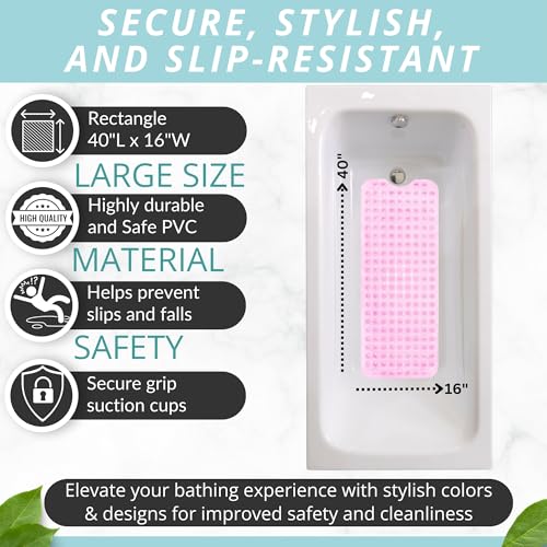 Bath Mat - Large Non Slip Bathtub & Shower Mat - Extra Long 40 x 16 Inch Bathroom Mats for Tub Nonslip Anti Slip Bathmats (40x16 Clear Pink 1-Pack) - color: Clear Pink