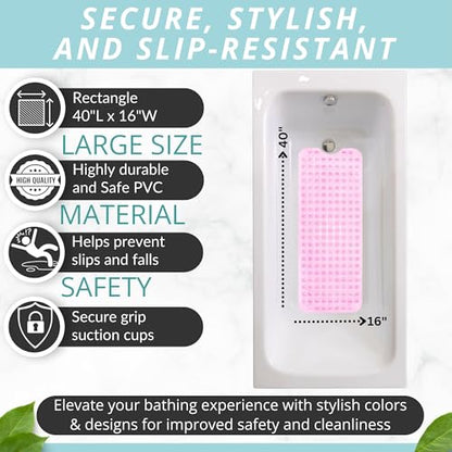 Bath Mat - Large Non Slip Bathtub & Shower Mat - Extra Long 40 x 16 Inch Bathroom Mats for Tub Nonslip Anti Slip Bathmats (40x16 Clear Pink 1-Pack) - color: Clear Pink