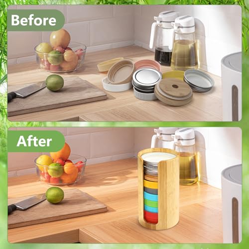 Mason Jar Lid Organizer (2pcs), Mason Jar Lid Storage Made of Bamboo, Suitable for Mason/Canning/Bamboo Lids(WIDE/REGULAR), Fit Perfectly, Stackable Steady