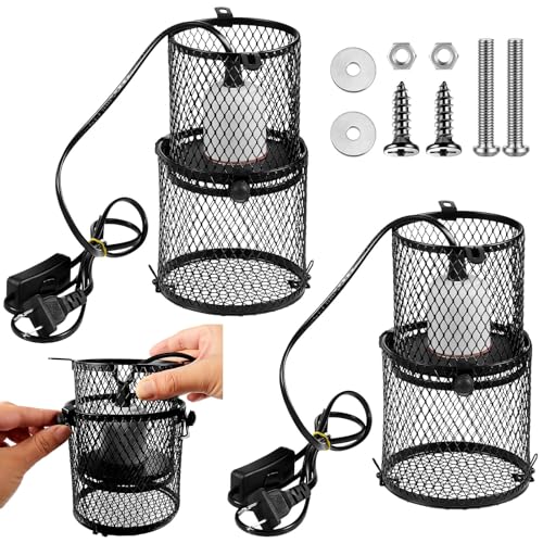 2 Pcs Retractable Reptile Heat Lamp Holder Reptile Anti Scald Lampshade Ceramic Heat Emitter Heating Lamp Shade with Switch for Pet Amphibian Snakes Lizards Turtle Frogs Chicks, Without Bulb