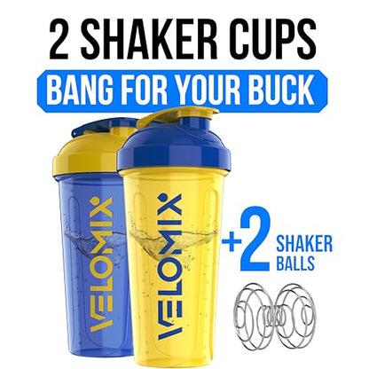 VELOMIX 2 Pack 28oz Protein Shaker Bottle for Protein Mixes, Stand Strong - color: B4) Yellow / Blue