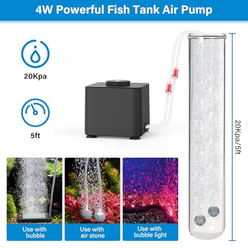 hygger Aquarium Air Pump, Quiet Adjustable Fish Tank Air Pump, 4W/7W/11W Powerful Oxygen Aerator Dual Stainless Steel Outlets with Air Stone Bubbler for Small Medium Large Fish Tank, Hydroponic - size: 4W(Tank Up to 120 Gallon)