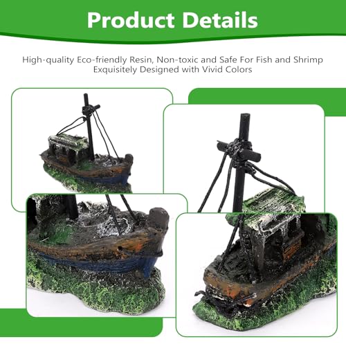 Small Boat Aquarium Decorations Resin - Sunken Shipwreck Fish Tank Ornament for Aquatic Adventure Scene-Approx. 4.9" L x 2.4" W x 3.9" H (Small Boat)