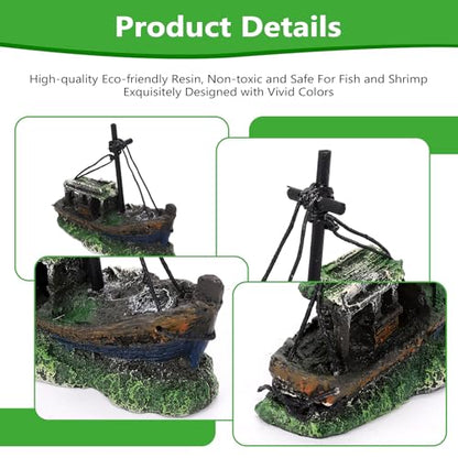 Small Boat Aquarium Decorations Resin - Sunken Shipwreck Fish Tank Ornament for Aquatic Adventure Scene-Approx. 4.9" L x 2.4" W x 3.9" H (Small Boat)