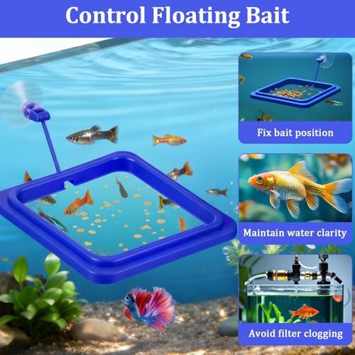 2Pcs Floating Fish Feeder, Fish Feeding Ring for Aquarium, Betta Fishes Tank Accessories Blue Turtle Feeding Ring with Suction Cup, Square & Round Floating Food Feeder for Betta, Goldfish, Turtle
