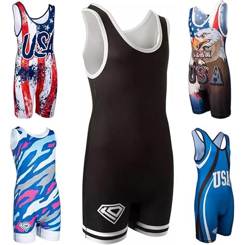 KO Sports Adult Wrestling Singlets, Bold School Colors, Unisex, XS-3XL | Sublimated Designs, Moisture-Wicking Washable Stretch Fabric and Reinforced Stitching for Wrestling Practice and Matches - color: Black, size: Small