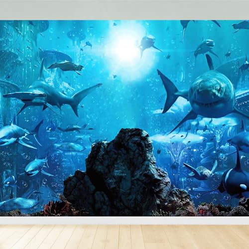 5x3ft Fabric Shark Theme Backdrop Deep-sea Ocean Shark Reef Aquarium Photography Background Birthday Theme Party Decoration Banner Kid Diver Portrait Photo Studio Props - size: 5x3 FT