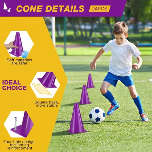 24pcs Cones 9 Inch Soccer Cones and Plastic Traffic Cones, Durable Cones for Sports Training, Ideal for Soccer, Basketball, Football, Skating, and Agility Drills Practice - color: purple