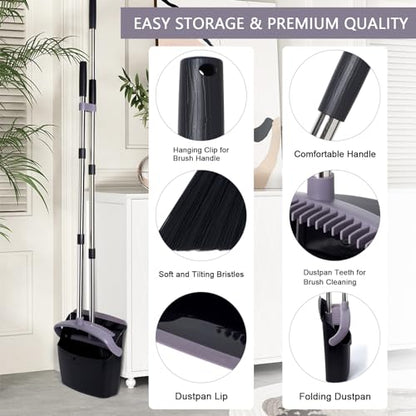 Broom and Dustpan Set, Dustpans with Broom Combo for Home, Heavy Dust Broom and Dustpan Combo, Long Handle Dust Pan and Broom Set for Kitchen, Office, Pet Hair, Charcoal Color, Pack of 1 - color: Charcoal Black