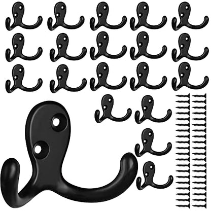IBosins 20 Pack Black Double Prong Coat Hooks Wall Mounted with 40 Screws - color: 20 Pcs Black