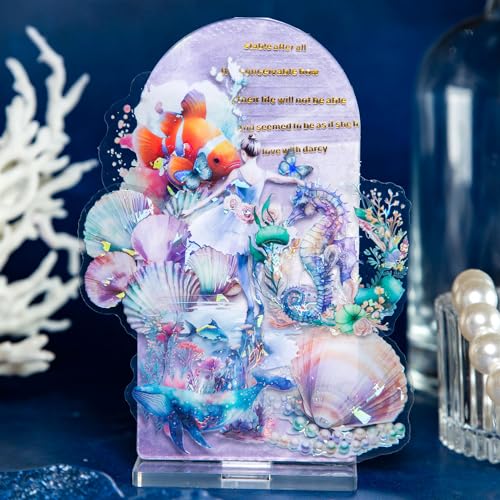 60Pcs Holographic Ocean Life Jellyfish Turtles Stickers - Sea Marine Animal Whales Dolphins Seahorses Stickers for Junk Journal,Scrapbooking Supplies,Planner