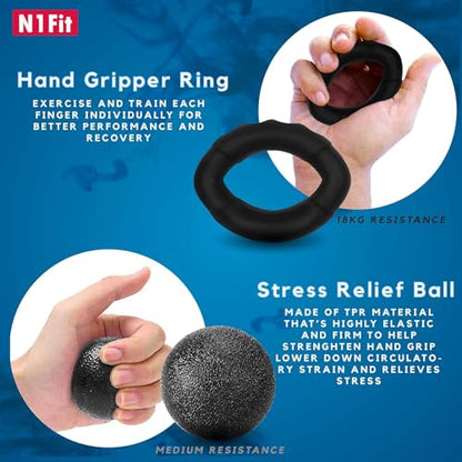 N1Fit Grip Strength Trainer Kit - 5 Pack Forearm Wrist Finger Grip Strengthener - Adjustable Resistance Hand Gripper Exerciser Strength Workout