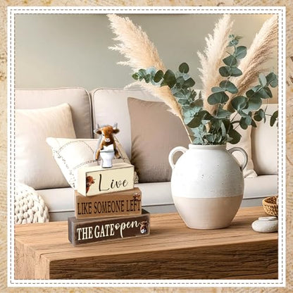 4 Pcs Highland Cow Bathroom Decorations Bathroom Wooden Table Centerpiece Blocks Highland Cow Tiered Tray Decor Live Like Someone Left The Gate Open Sign for Indoor Home Desk Room Shelf Decor - style: Highland Cow