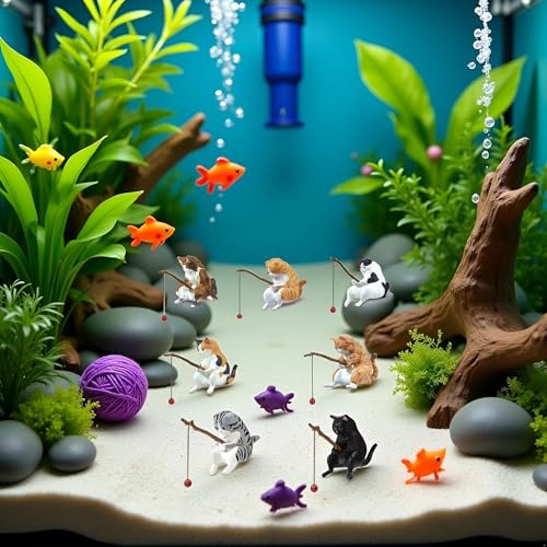 7 Pcs Cat Fishing Figurine, Cute Cat Statue Decor, Resin Mini Fish Tank Decorations Craft Sculpture for Aquarium Tanks Desk Yard Pond Indoor Outdoor