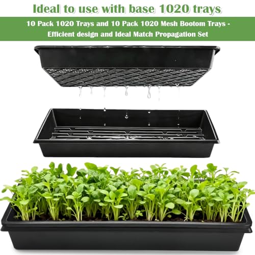 RooTrimmer 10 Pack 1020 Trays and 10 Pack 1020 Mesh Bootom Trays, 20'' x 10'', Heavy Duty Propagation Flats for Microgreens, Seed Starting, Soil Blocks, Hydroponics & Wheatgrass (10 Sets) - size: 21L x 11 W x 2.5 H