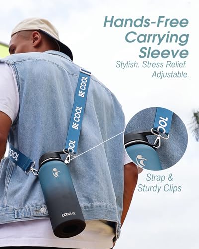 Coolflask 40 oz Water Bottle Insulated Stainless Steel with Strap - color: Blue, size: 40 Ounces