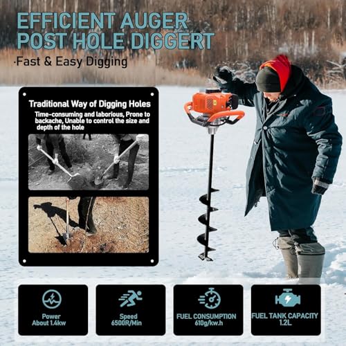 62cc Post Hole Digger, Gas Powered Post Hole Digger, Earth Auger Digger with 3 Drill Bit 3" & 5" & 8" and 3 Extension Rods 24" 24" 24" for Planting Fence Farmland Garden & Plant, 1400W - size: 62cc