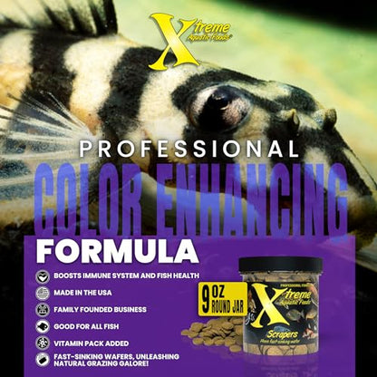 Xtreme Scrapers Wafers - Premium 14mm Fast-Sinking Fish Food – Nutrient & Cellulose Rich Ideal for Nocturnal Feeders, Catfish, Plecostomus Species, and Loaches – USA Farm Grown (9oz) - size: 9 Ounce (Pack of 1)