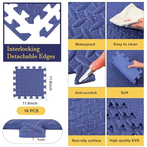 Shihanee 16 Foam Floor Interlocking Tiles, 11.8 x 11.8 Inch, Navy Blue - color: Navy Blue