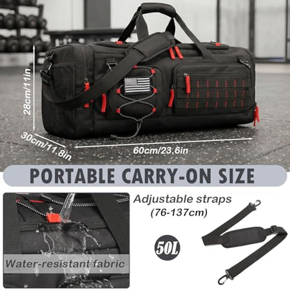 50L Tactical Gym Bag for Men and Women with Shoe & Laptop Compartment - color: Black+Red