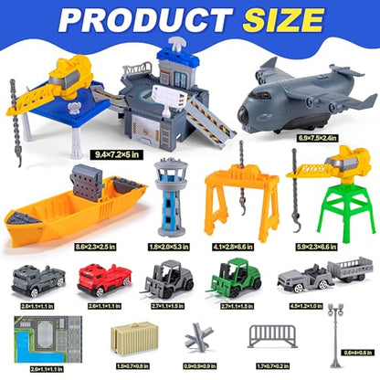 Cargo Ship Toy & Airplane Toy, Toy Boat and Gantry Crane Playset with Play Mat, Transport Containers, Push and Go Vehicle Cars, Kids Play Boats for Boys Girls