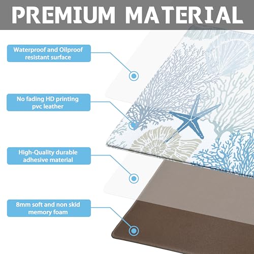 Coastal Kitchen Rugs and Mats Set of 2 Beach Nautical Blue Kitchen Decor Anti Fatigue Cushioned Kitchen Floor Mats Non Slip Waterproof Standing Mat for Laundry Office