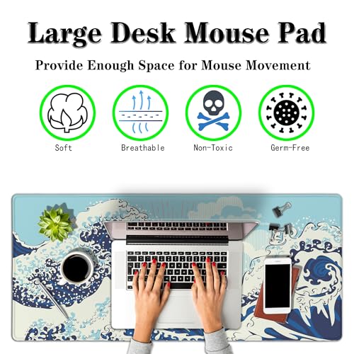 Extra Large Mouse Pad Blue XXL Mousepad, Big Mouse Pads Office Desk Mats, Desk Pad Mat Waterproof Non-Slip Rubber Base, 35.4 X 15.7 inch for Work/Game/Office/Home Japanese Great Wave Art - color: Japanese Great Wave Art