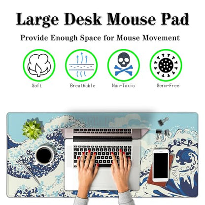 Extra Large Mouse Pad Blue XXL Mousepad, Big Mouse Pads Office Desk Mats, Desk Pad Mat Waterproof Non-Slip Rubber Base, 35.4 X 15.7 inch for Work/Game/Office/Home Japanese Great Wave Art - color: Japanese Great Wave Art