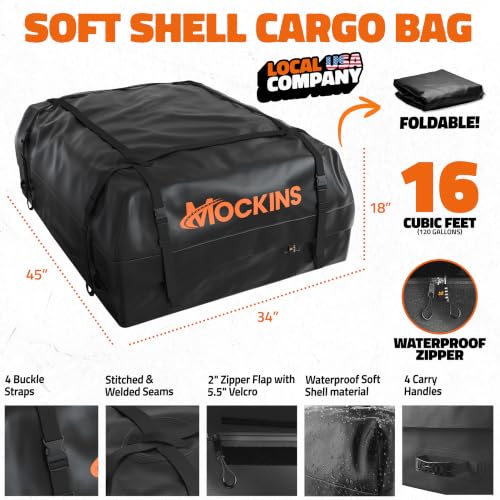 Mockins 16 Cu Ft Weatherproof No Rack Rooftop Cargo Carrier Bag 45"x34"x18" | Rooftop Cargo Bag for Top of Car | Car Topper Luggage Carrier Waterproof Set w/ Accessories | Vehicle Soft-Shell Carriers - size: Bag: 45"x34"x18"