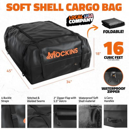 Mockins 16 Cu Ft Weatherproof No Rack Rooftop Cargo Carrier Bag 45"x34"x18" | Rooftop Cargo Bag for Top of Car | Car Topper Luggage Carrier Waterproof Set w/ Accessories | Vehicle Soft-Shell Carriers - size: Bag: 45"x34"x18"