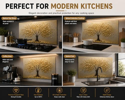 Evgosm tempered glass backsplash, Tree of Life Splashback, Glass Backsplash, Used for Kitchen Wall Protection and Decoration, Easy to Install and Clean. (30x14'') - size: 30"L x 14"W, style: Tree of Life