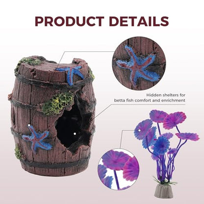 Aquarium Decor for Betta Fish Tanks, Tank Accessories, Starfish Barrel x 1 pcs, Aquarium Plants x 4 pcs