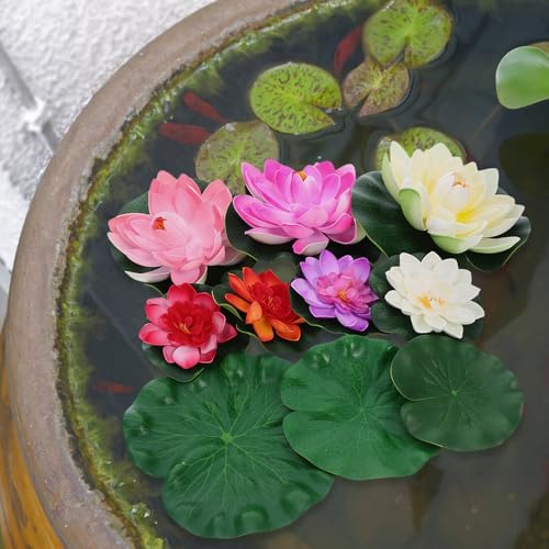 COHEALI Artificial Lotus Flower Floating Water Lily with Lifelike Eva Lily Pads, 9pcs Aquarium Pond Decoration Set, Eco-Friendly Fake Flowers for Fish Tank and Garden Display