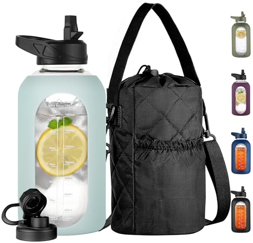 CIVAGO 64 oz Glass Water Bottle with Straw and Insulated Bottle Holder | Half Gallon Motivational Water Jug with Time Marker and Silicone Sleeve, Large Leakproof Water Flask with 2 Lids, Sage - color: Sage, size: 64 Ounces