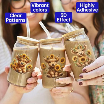 UV DTF Cup Wrap for 16oz Glass, 12 Sheets Highland Cattle Waterproof Rub On Transfers, UV DTF Decals Stickers for Tumbler Water Bottle