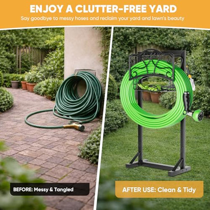 Heavy-Duty Garden Hose Holder with Storage Basket and Tool Hooks, Stable Hose Hanger Metal Garden Hose Storage Holds 160Ft, Rustproof Freestanding Water Hose Holder for Outside,Yard,Lawn,Farm - size: Holder+Basket 42.1in