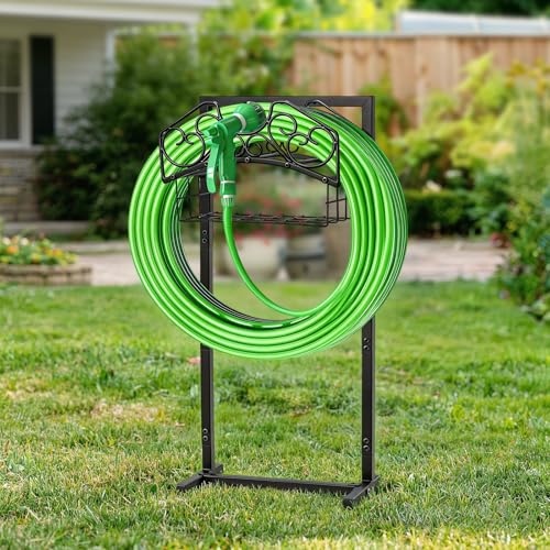 Garden Hose Holder, Freestanding Water Hose Holder Stand with Storage Basket, Sturdy Metal Garden Hoses Storage Rack Holds 150FT for Outside Yard Lawn Farm