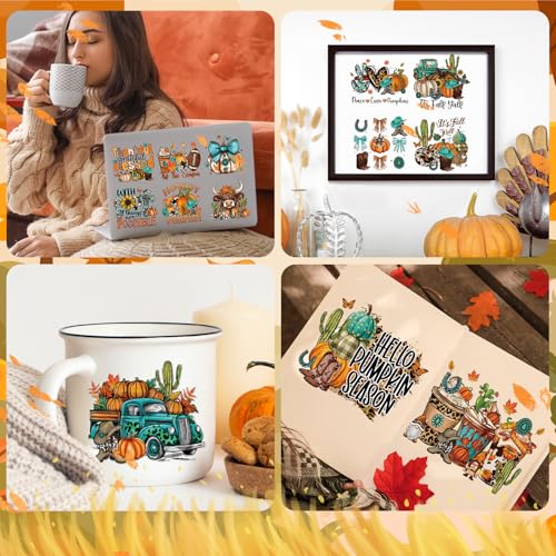 Fall UV DTF Stickers - 20 Sheets Vintage Western UV DTF Cup Wraps for 16 oz Glass, Cow Cute Bow Cactus Boot Rub on Transfer Stickers, Waterproof Uvdtf Decals for Water Bottle, DIY Crafts - style: Western Fall