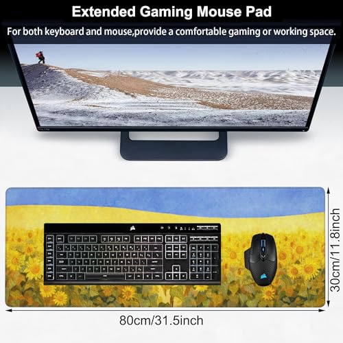 Field of Sunflowers Desk Mat,Large Sunflower Oil Painting Gaming Keyboard Mouse Pad,Non-Slip Rubber Base Desk Pad Thick Stitched Edges Waterproof Mousepad Mouse Mat 31.5"x11.8" - color: Field of Sunflowers