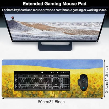 Field of Sunflowers Desk Mat,Large Sunflower Oil Painting Gaming Keyboard Mouse Pad,Non-Slip Rubber Base Desk Pad Thick Stitched Edges Waterproof Mousepad Mouse Mat 31.5"x11.8" - color: Field of Sunflowers