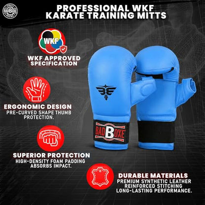 Professional WKF Karate Training Mitts | Karate Gloves with Thumb Elastic/Hook & Loop Closing | Premium Sizing - color: BLUE, size: Large