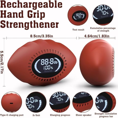 Digital Stress Relief Grip Ball for Adults & Kids, Grip Strength Tester, Hand Strength Gripper up to 220lbs, Forearm Strengthener with Progress Bars & Cheer Sound, Fitness Gift (Brown)