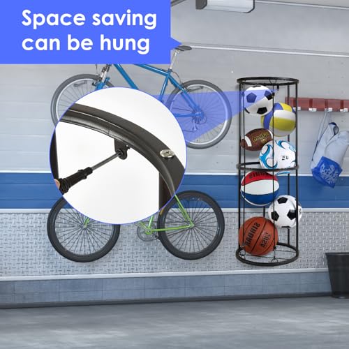 Garage Ball Storage Rack for Basketball & Soccer, Metal Wall-Mount | Durable wall-mounted ball organizer stores basketballs, soccer balls and more in garages, gyms, playrooms and basements - size: Medium size